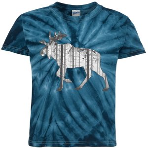 Moose Forest Silhouette Grey Style Kids Tie-Dye T-Shirt