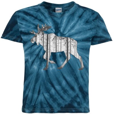 Moose Forest Silhouette Grey Style Kids Tie-Dye T-Shirt