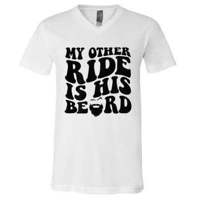 My Other Ride Is His Beard Retro Groovy V-Neck T-Shirt