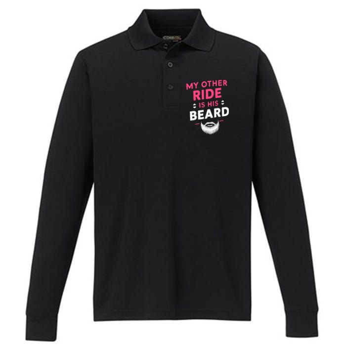 My Other Ride Is His Beard Funny Retro Beard Performance Long Sleeve Polo