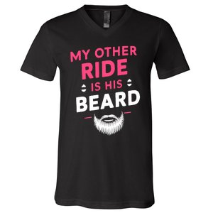 My Other Ride Is His Beard Funny Retro Beard V-Neck T-Shirt