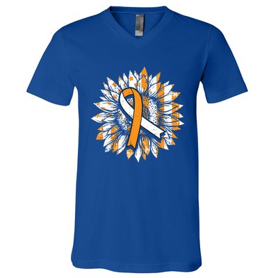 Ms Orange Ribbon Multiple Sclerosis Awareness Sunflower Gift V-Neck T-Shirt