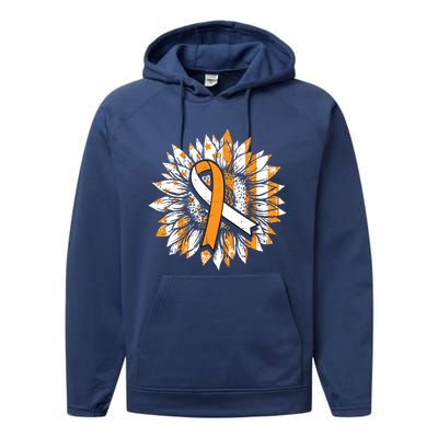 Ms Orange Ribbon Multiple Sclerosis Awareness Sunflower Gift Performance Fleece Hoodie