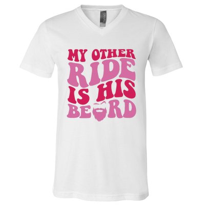 My Other Ride Is His Beard Retro Groovy On Back V-Neck T-Shirt