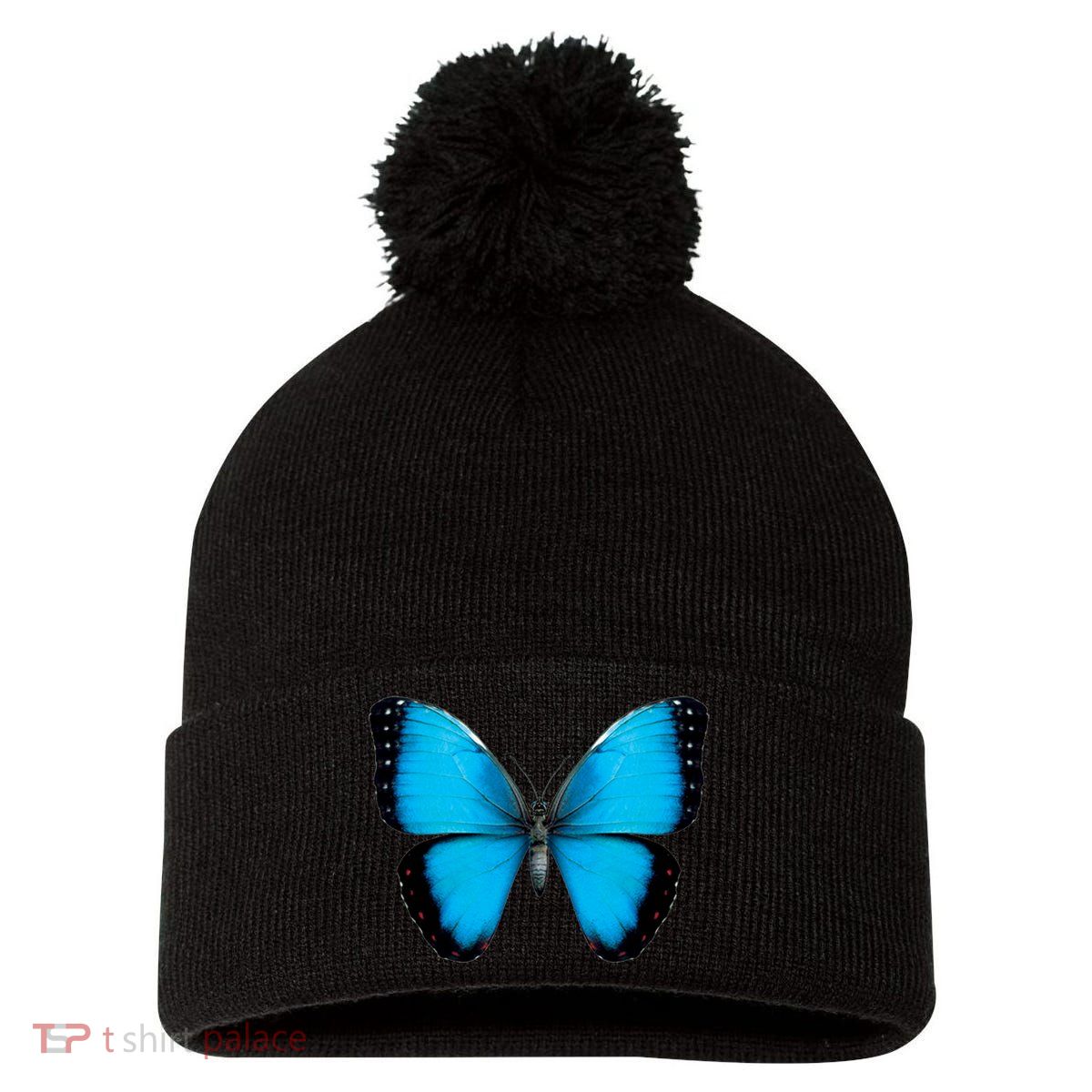 Morpho Butterfly Close Up 3D Pom Pom 12in Knit Beanie