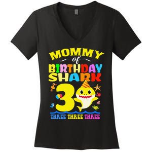 Mommy Of Shark Birthday 3rd Matching Party For Family Women's V-Neck T-Shirt