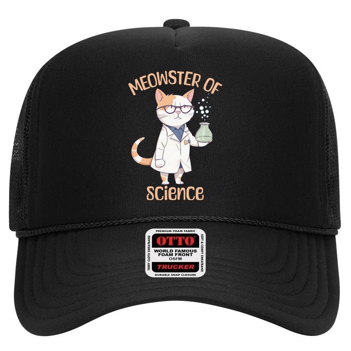 Meowster of Science Funny Lab Cat Laboratory Chemistry High Crown Mesh Back Trucker Hat