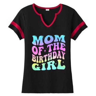 Mom Of The Birthday Girl Groovy Tie Dye For Mom Party Ladies Halftime Notch Neck Tee