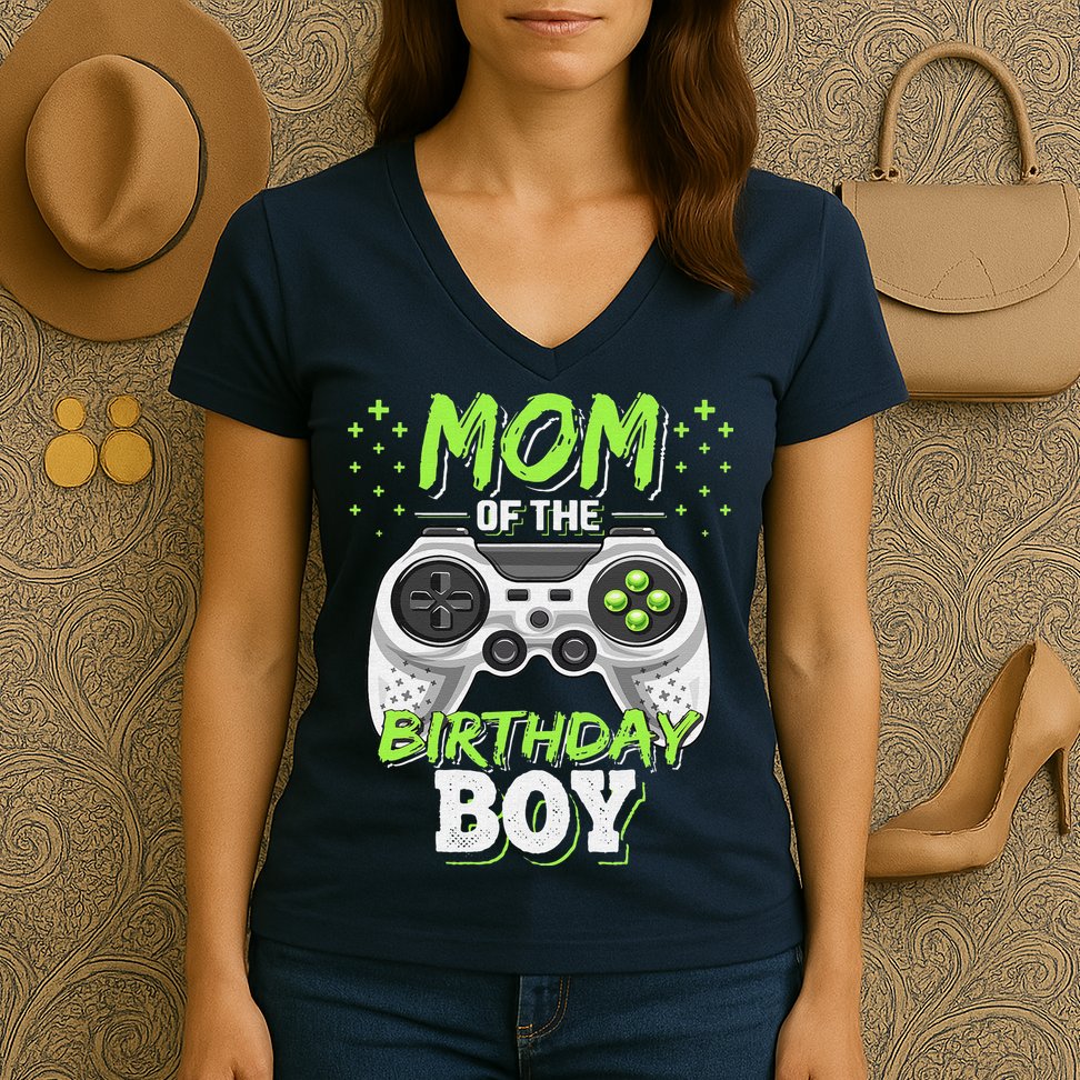 Mom Of The Birthday Boy Matching Video Gamer Party Women's V-Neck T-Shirt
