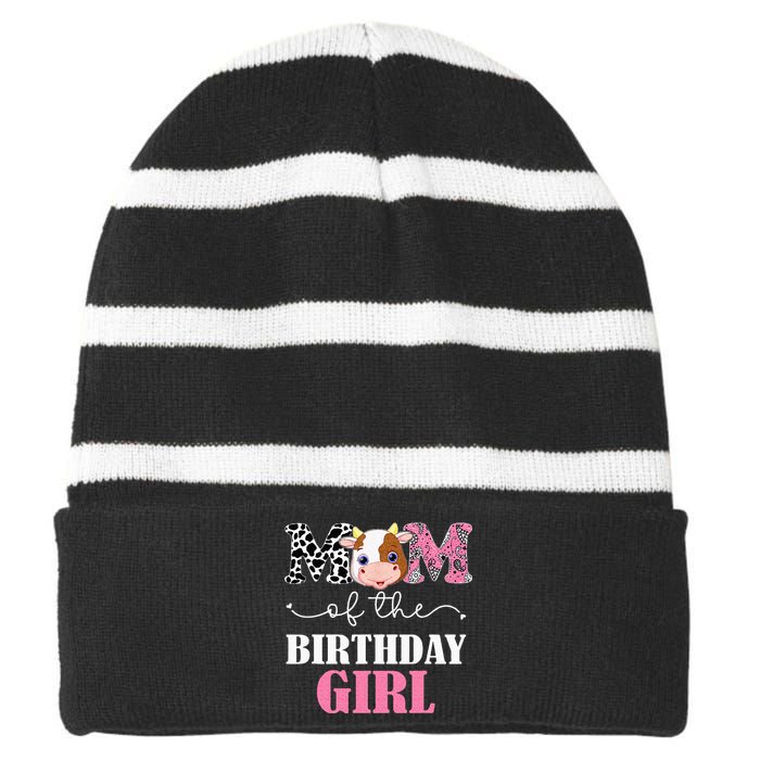 Mom Of The Birthday Girl Farm Cow Mommy Mama 1st Striped Beanie with Solid Band