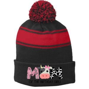 Mom Of The Birthday For Cow Farm Birthday Cow Mommy 1st Stripe Pom Pom Beanie