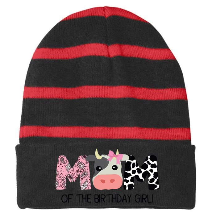 Mom Of The Birthday For Cow Farm Birthday Cow Mommy 1st Striped Beanie with Solid Band