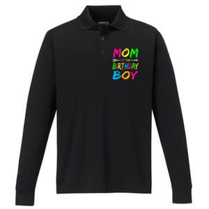 Mom of the Birthday Boy Glows Retro 80's Party Glow Performance Long Sleeve Polo