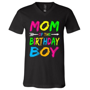 Mom of the Birthday Boy Glows Retro 80's Party Glow V-Neck T-Shirt