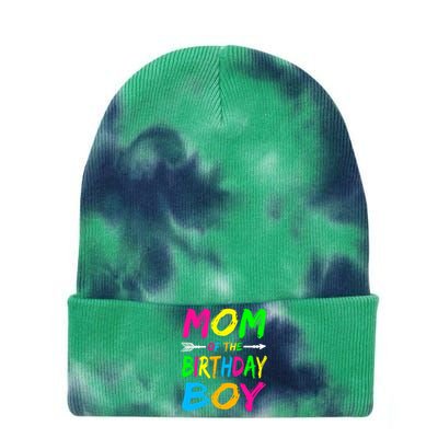 Mom of the Birthday Boy Glows Retro 80's Party Glow Tie Dye 12in Knit Beanie