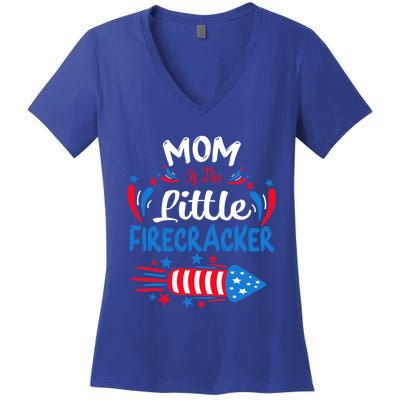 Mom Of The Little Firecracker 4th Of July Birthday Party Cool Gift Women's V-Neck T-Shirt