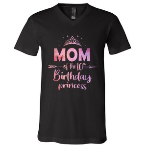 Mom Of The 10th Birthday Princess Girl 10 Years Old B Day V-Neck T-Shirt