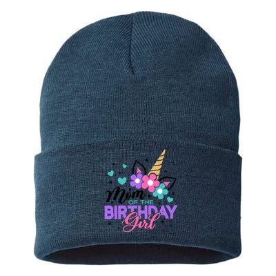 Mom Of The Birthday Girl Unicorn Girl Unicorn Birthday Sustainable Knit Beanie