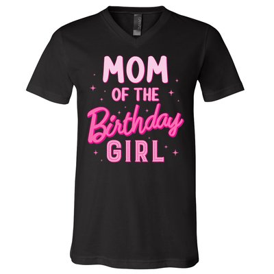 Mom Of The Birthday Girl Party Girl Groovy Retro For Mommy V-Neck T-Shirt