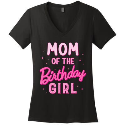 Mom Of The Birthday Girl Party Girl Groovy Retro For Mommy Women's V-Neck T-Shirt