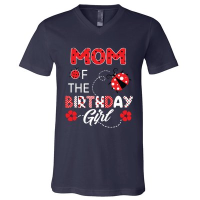 Mom Of The Birthday Family Ladybug Birthday V-Neck T-Shirt