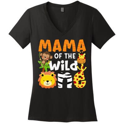 Mama of the Wild One Zoo Theme Bday Safari Jungle Animals Women's V-Neck T-Shirt