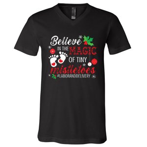 Magic Of Tiny Mistletoes Labor And Delivery Christmas V-Neck T-Shirt