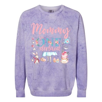 Mommy Of The Birthday Girl Mommy In Onderland 1st Birthday Colorblast Crewneck Sweatshirt