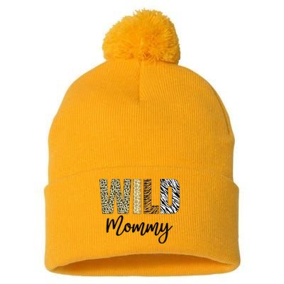 Mommy of The Wild One Zoo Birthday Safari Jungle Animal Pom Pom 12in Knit Beanie