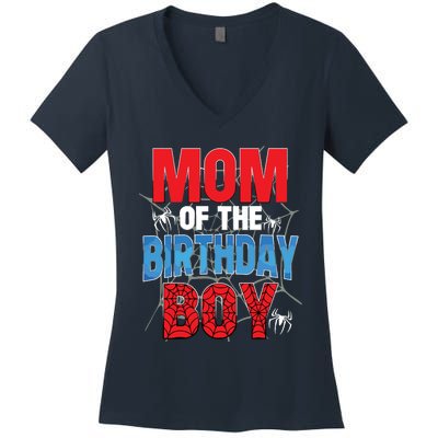 Mom Of The Birthday Boy Matching Family Spider Web Women's V-Neck T-Shirt