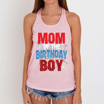 Mom Of The Birthday Boy Matching Family Spider Web Women's Knotted Racerback Tank