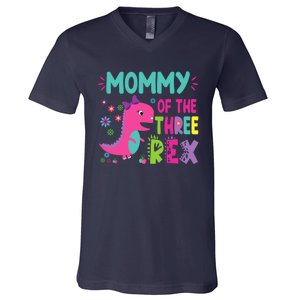 Mommy Of The Three Rex Birthday Dinosaur Family Matching V-Neck T-Shirt