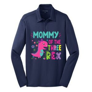 Mommy Of The Three Rex Birthday Dinosaur Family Matching Silk Touch Performance Long Sleeve Polo