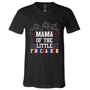 Mama Of The Little Firecracker 4th Of July Birthday V-Neck T-Shirt