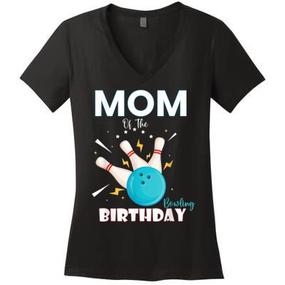 Mom Of The Birthday Bowler, Bowling Party Family Women's V-Neck T-Shirt