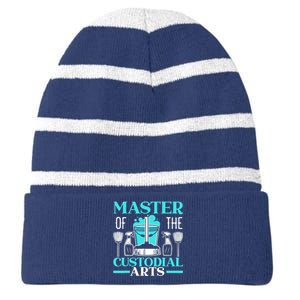 Master Of The Custodial Arts Janitor School Custodian Striped Beanie with Solid Band