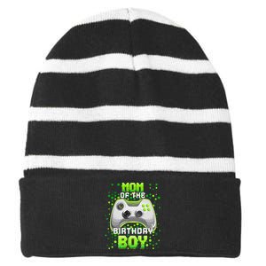 Mom of the Birthday Matching Video Gamer Birthday Party Striped Beanie with Solid Band