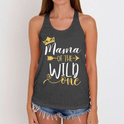 Mama of the Wild One 1st Birthday Matching First Thing Mommy Women's Knotted Racerback Tank