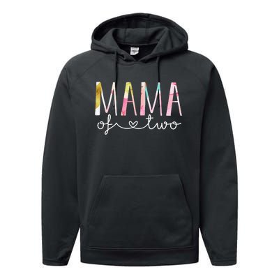 Mama Of Two Cute Floral Design Twin Mom Mother Of 2 Performance Fleece Hoodie