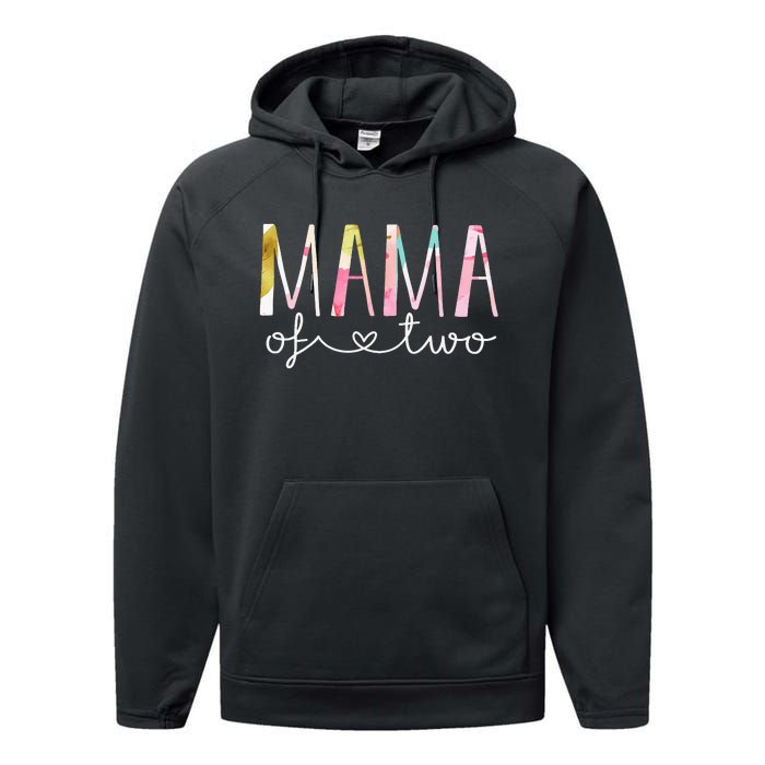 Mama Of Two Cute Floral Design Twin Mom Mother Of 2 Performance Fleece Hoodie