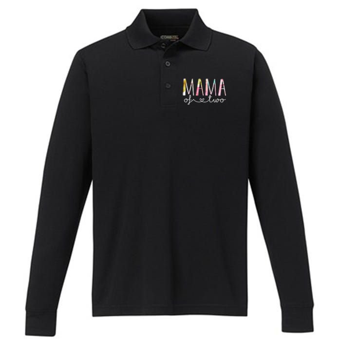 Mama Of Two Cute Floral Design Twin Mom Mother Of 2 Performance Long Sleeve Polo