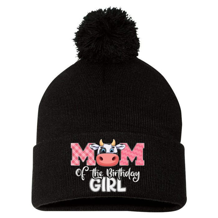 Mom of The Birthday Cow Family Cow Farm Matching Pom Pom 12in Knit Beanie