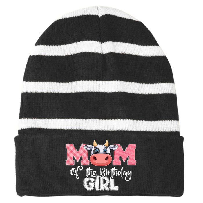 Mom of The Birthday Cow Family Cow Farm Matching Striped Beanie with Solid Band