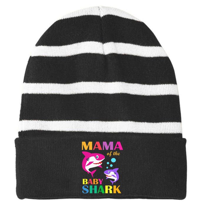 Mama Of The Baby Birthday Shark Mama Shark Mother's Day Striped Beanie with Solid Band