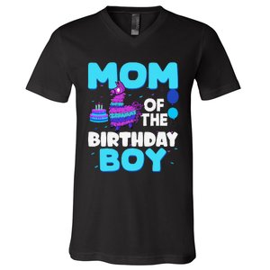 Mom Of The Birthday Boy Llama Mom And Dad Family Party V-Neck T-Shirt