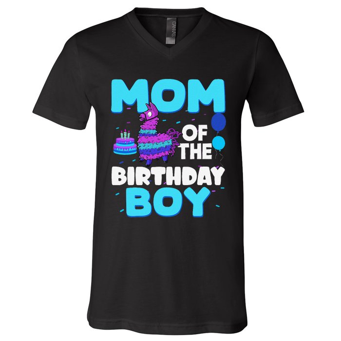 Mom Of The Birthday Boy Llama Mom And Dad Family Party V-Neck T-Shirt