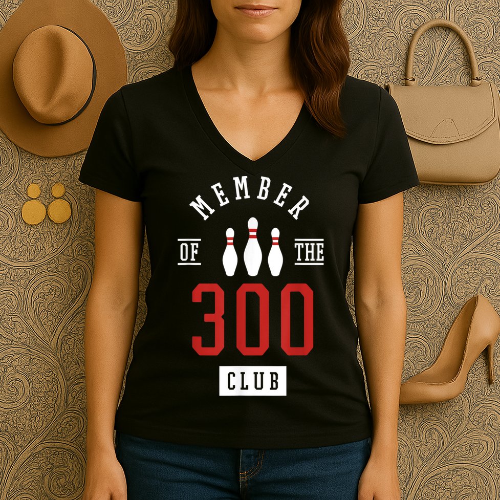 Member Of The 300 Club Bowling Ball Strike Pins Women's V-Neck T-Shirt