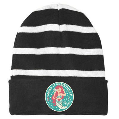 Mama Of The Birthday Mermaid Birthday Party Mermaid Mother Striped Beanie with Solid Band