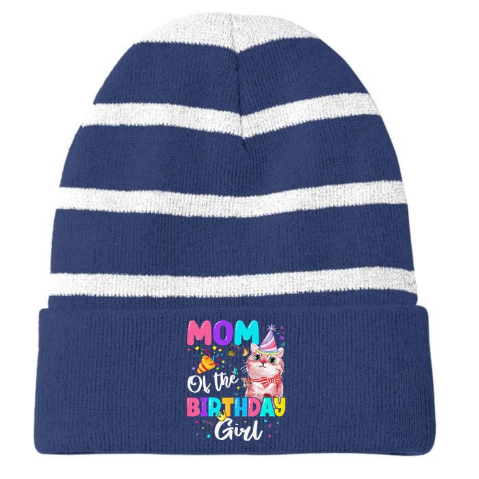 Mom Of The Birthday Cat Kitten Theme Family Bday Striped Beanie with Solid Band