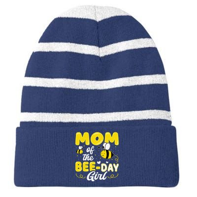 Mom Of The Bee Day Girl Hive Party Matching Birthday Sweet Striped Beanie with Solid Band